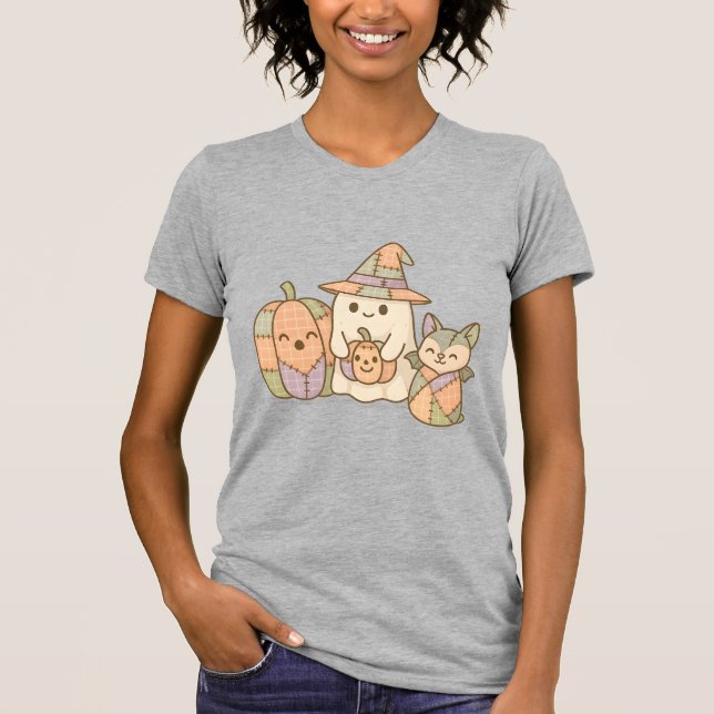 Pastel Plaid Halloween Friends T-Shirt, Cute Ghost T-Shirt (Front)