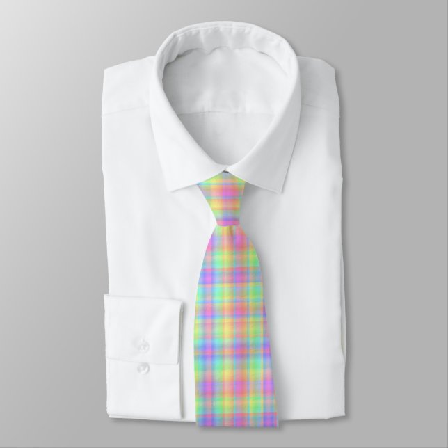 Pastel Plaid Men's Yellow Blue Green Purple Tie (Tied)