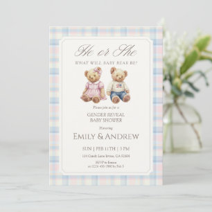 Pastel Plaid Teddy Bear Gender Reveal Baby Shower Invitation