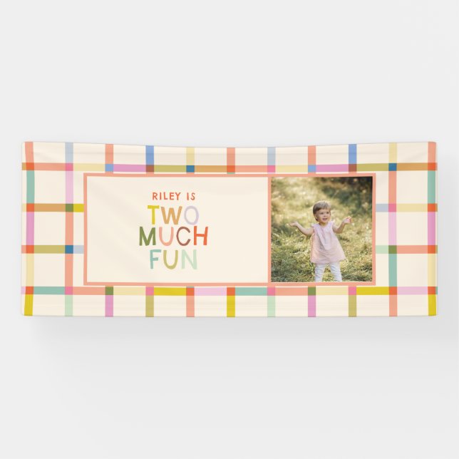 Pastel Plaid "Two Much Fun" 2nd Birthday Banner (Horizontal)