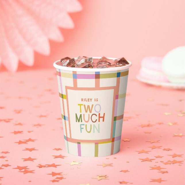 Pastel Plaid "Two Much Fun" 2nd Birthday Custom Paper Cups (Insitu)