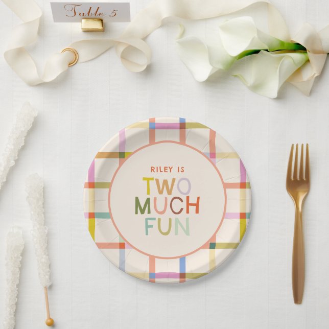 Pastel Plaid "Two Much Fun" 2nd Birthday Custom Paper Plate (Wedding)