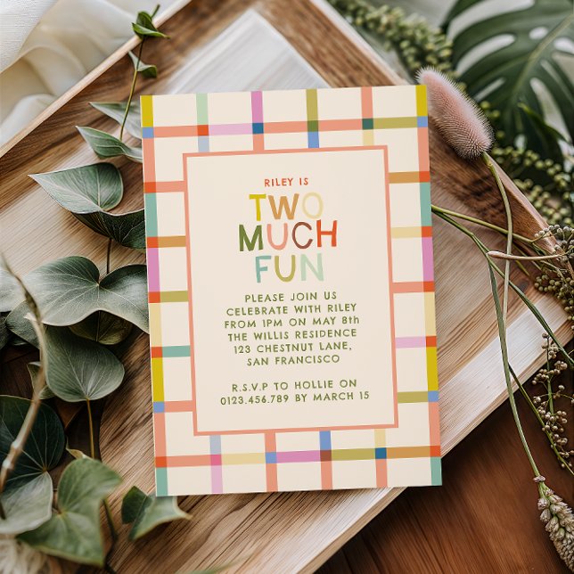 Pastel Plaid "Two Much Fun" 2nd Birthday Invitation (Creator Uploaded)