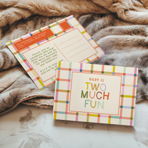 Pastel Plaid "Two Much Fun" 2nd Birthday Invitation Postcard