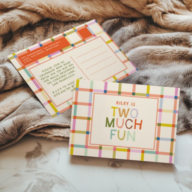 Pastel Plaid "Two Much Fun" 2nd Birthday Invitation Postcard (Creator Uploaded)