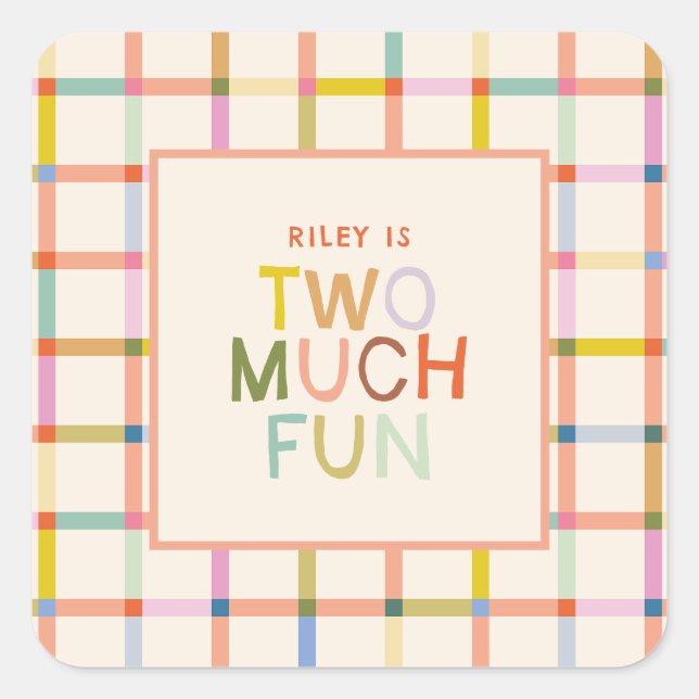 Pastel Plaid "Two Much Fun" 2nd Birthday Square Sticker (Front)