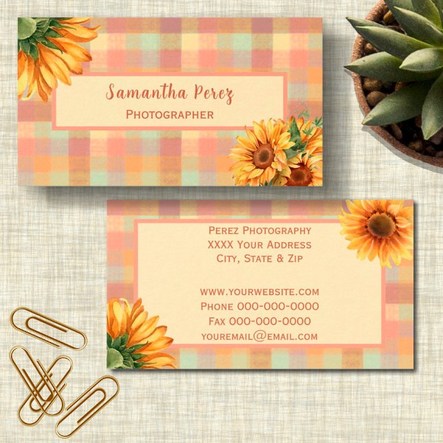 Pastel Plaid with Sunflower Accents Business Card (Creator Uploaded)