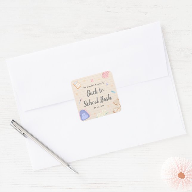 Pastel Playful Back To School Bash Party Square Sticker (Envelope)
