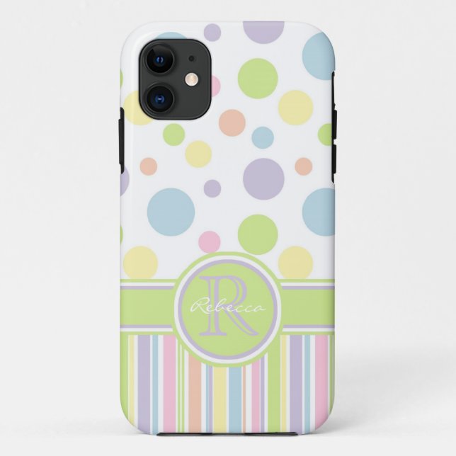 Pastel Polka Dots and Stripes w/Name & Initial Case-Mate iPhone Case (Back)