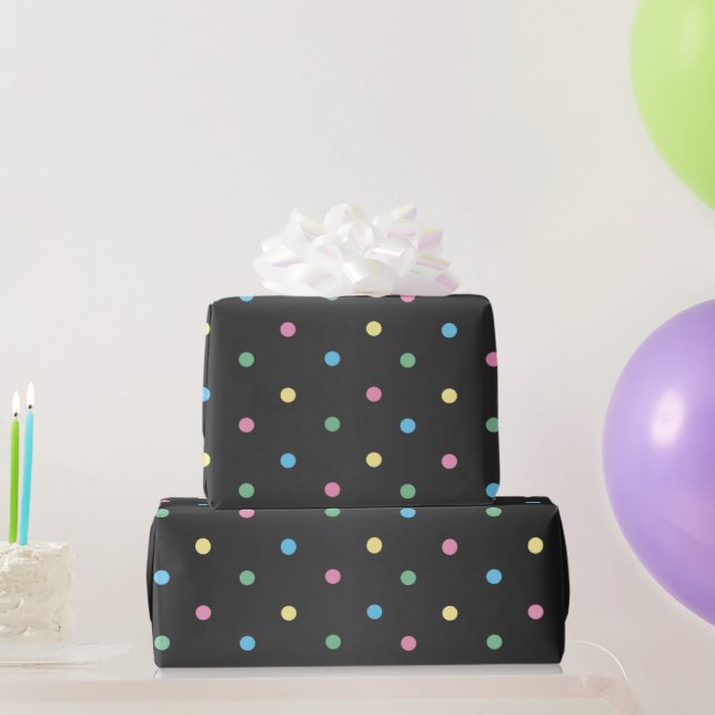 Pastel Polka Dots on Sheen Black Satin Wrapping Paper (Party Gifts)