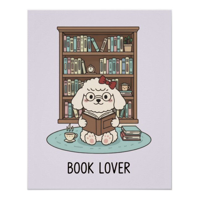 Pastel Poodle Puppy Dog with Books Glossy Poster (Front)