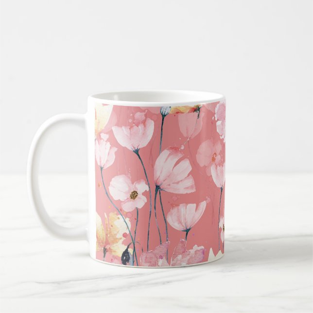Pastel Poppies: Watercolor Floral Seamless. Coffee Mug (Left)