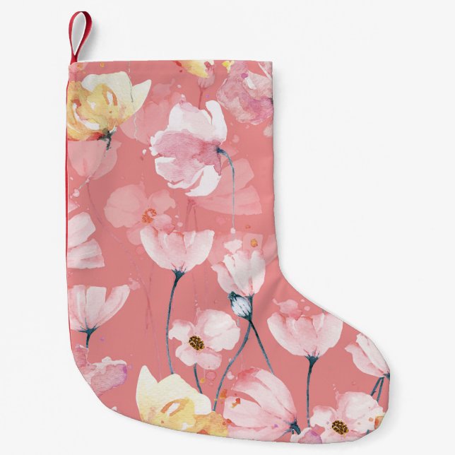 Pastel Poppies: Watercolor Floral Seamless. Small Christmas Stocking (Front)