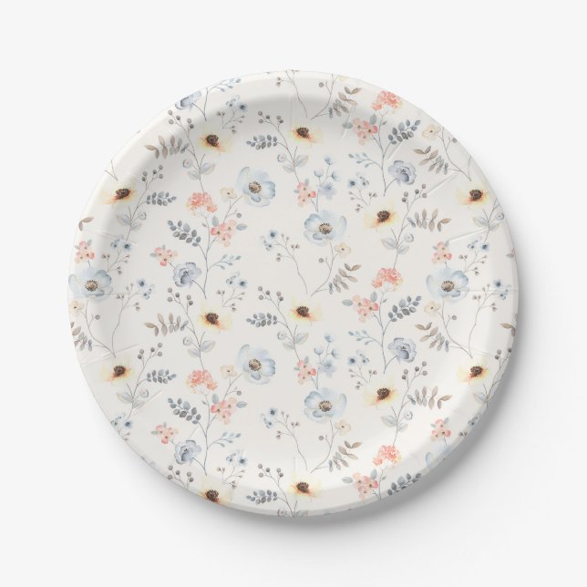 Pastel Poppy Floral Garden Pattern Paper Plate (Front)