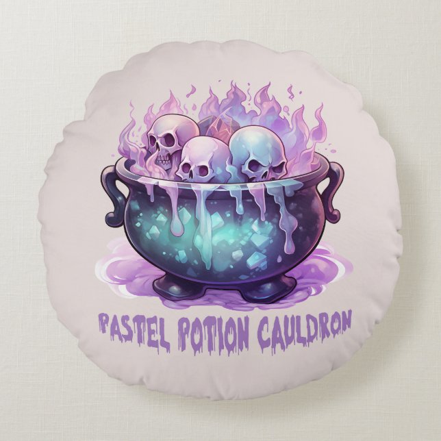 Pastel Potion Cauldron with Purple Skull Round Cushion (Front)