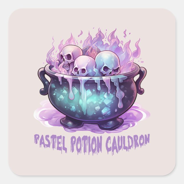Pastel Potion Cauldron with Purple Skull Square Sticker (Front)