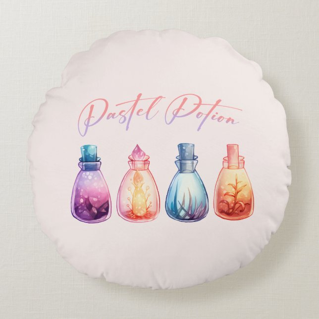 Pastel Potion – Cute and Elegant Witch Potion Round Cushion (Front)