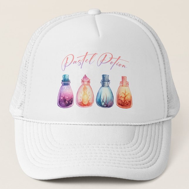 Pastel Potion – Cute and Elegant Witch Potion Trucker Hat (Front)