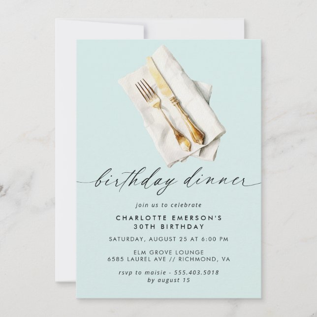 Pastel Powder Blue | Cute Script Birthday Dinner Invitation (Front)