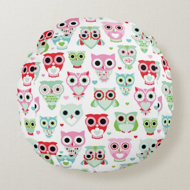 pastel powder colour owl background round cushion (Front)