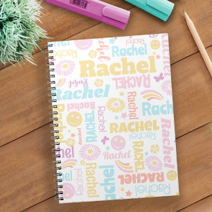 Pastel preppy smilie faces star custom name Rachel Notebook