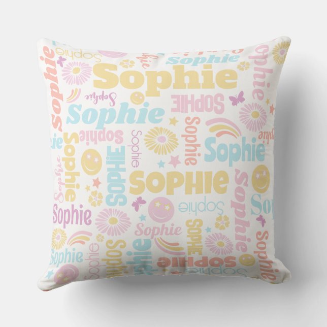 Pastel preppy smilie faces star custom name Sophie Cushion (Back)