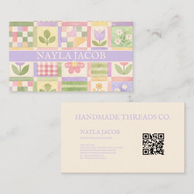 Pastel Pretty Girly Purple Green Quilt Patchwork Business Card (Front/Back)