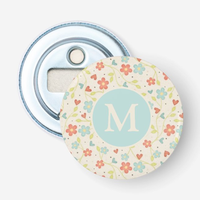 Pastel Pretty Spring Floral Pattern Monogram Bottle Opener (Front)