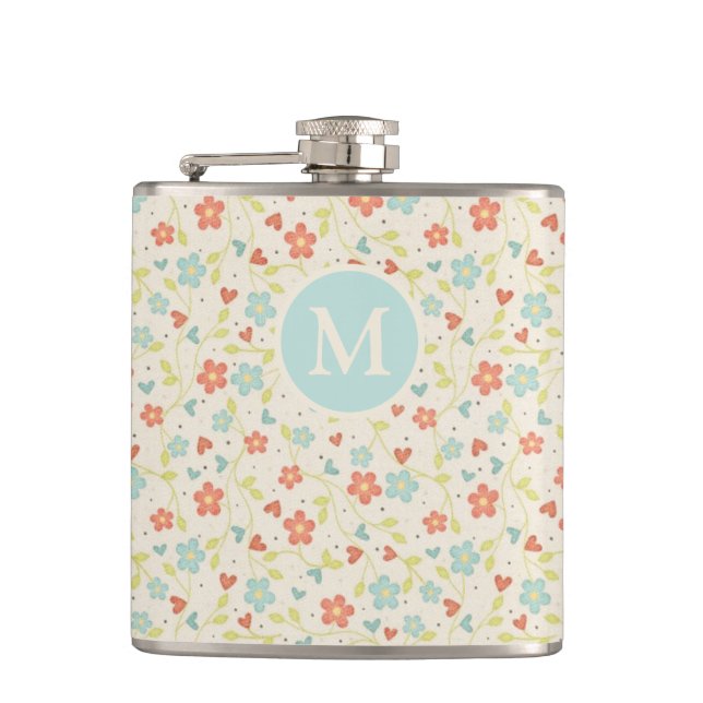 Pastel Pretty Spring Floral Pattern Monogram Hip Flask (Front)