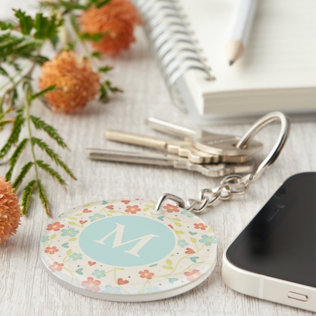 Pastel Pretty Spring Floral Pattern Monogram Key Ring (Front Right)