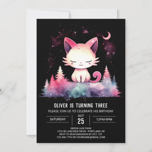 Pastel Printable Cat Birthday  Invitation (Front)