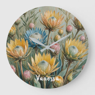 Pastel Protea Dream: Elegant Floral Large Clock