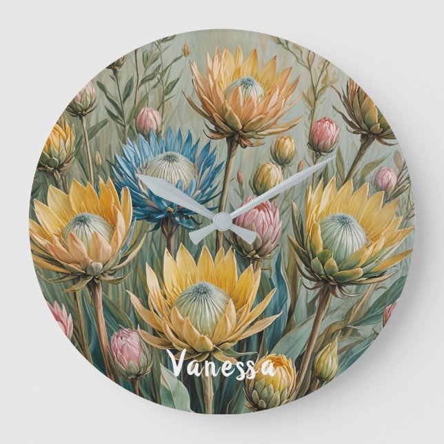 Pastel Protea Dream: Elegant Floral Large Clock (Front)