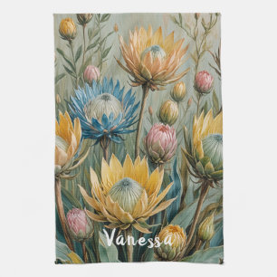 Pastel Protea Dream: Elegant Floral Tea Towel