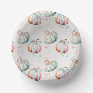 Pastel Pumpkin and Bows Gender Reveal Paper Bowl Plate