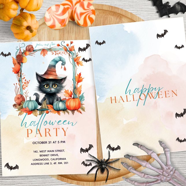 Pastel Pumpkin Patch Black Cat Halloween Party Invitation (Creator Uploaded)