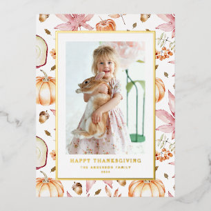 Pastel Pumpkins and Apples Thanksgiving Photo Foil Holiday Postcard