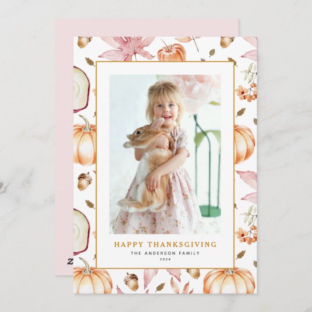 Pastel Pumpkins and Apples Thanksgiving Photo Holiday Card (Front/Back)