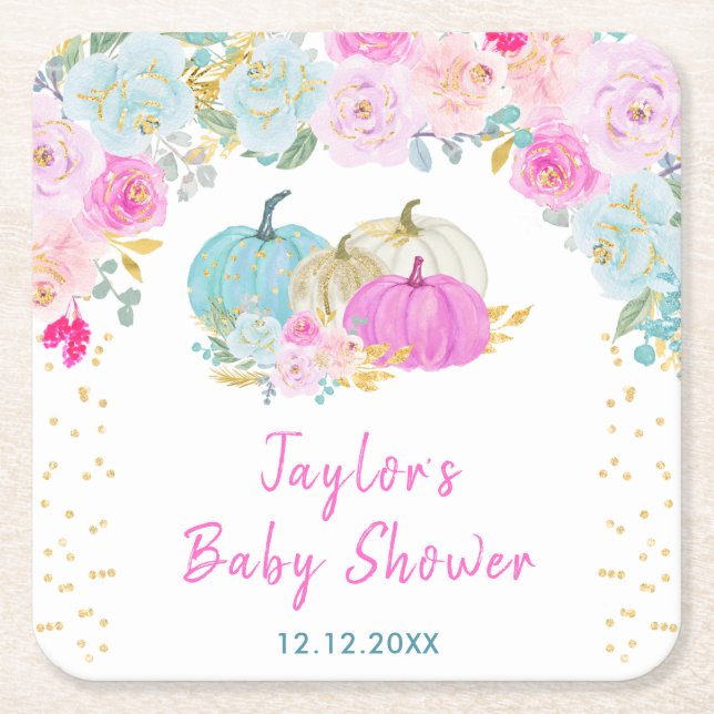 Pastel Pumpkins Floral Baby Shower Square Paper Coaster (Front)