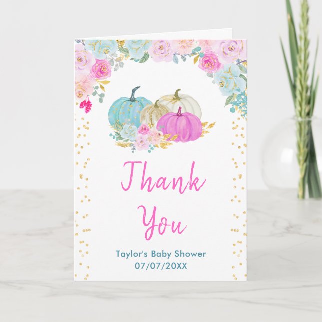 Pastel Pumpkins Floral Baby Shower Thank You Card (Front)