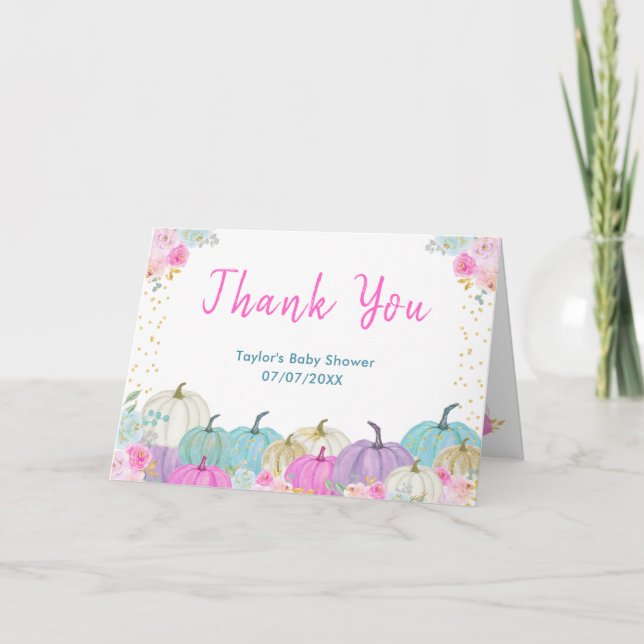 Pastel Pumpkins Floral Baby Shower Thank You Card (Front)