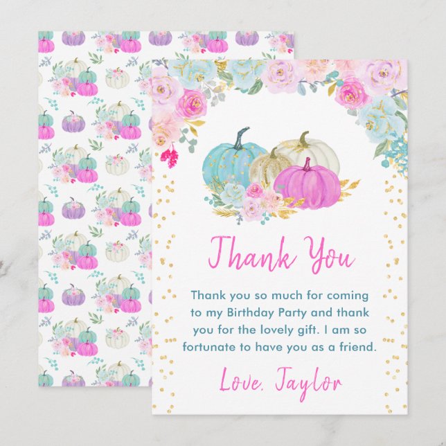 Pastel Pumpkins Floral Birthday Party Thank You Card (Front/Back)