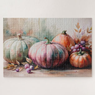 Pastel Pumpkins Watercolor, Autumn Harvest Art Jigsaw Puzzle