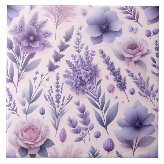 Pastel Purple Aesthetic Lavender Flower Ceramic Tile (Front)