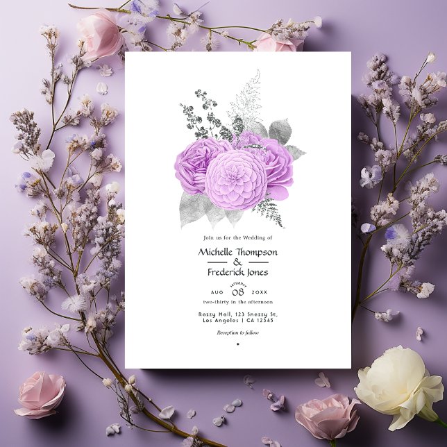 Pastel Purple and Silver Vintage Rose Wedding Invitation (Creator Uploaded)