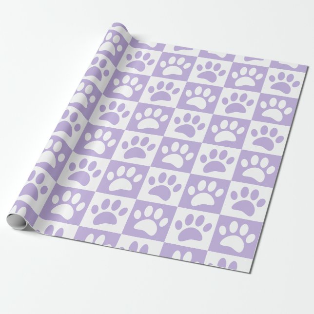 Pastel Purple And White Dog Paws In Squares Custom Wrapping Paper (Unrolled)