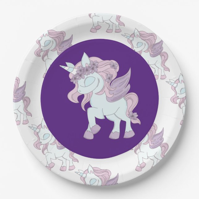 Pastel Purple and White Unicorns   Paper Plates (Front)