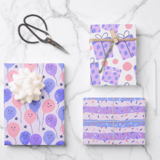 Pastel Purple Balloon, Polka Dot, and Stripe Wrapping Paper Sheet