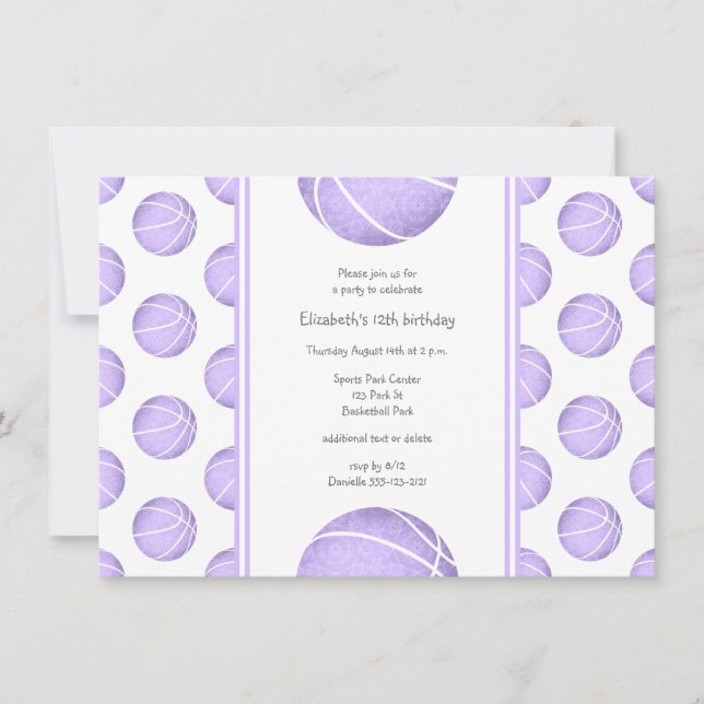 pastel purple basketballs pattern sports party invitation (Front)