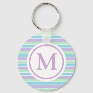 Pastel Purple Blue Green Stripes Monogram Key Ring